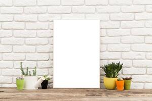 Display of houseplants arranged on a rustic wooden table against a white brick wall with an empty frame photo