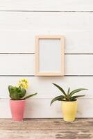 Bright potted plants flank an empty frame against a rustic wooden background in a cozy indoor setting photo
