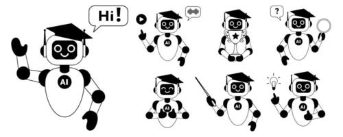 Set linear illustrations of cute ai robot, chatbot in school education vector