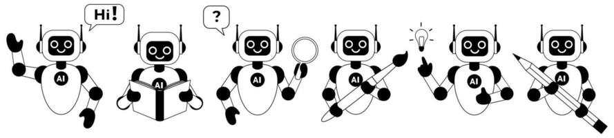 Set of linear illustrations of cute chatbot vector