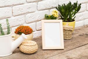 Decorative arrangement with potted plants and a blank frame on a wooden table in a cozy indoor setting photo