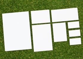 Various blank sheets of paper arranged on grass during daylight hours for creative use photo