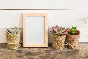 Succulent plants in decorative pots arranged next to a blank frame on a rustic wooden table photo