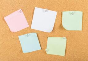 Colorful sticky notes arranged on a corkboard for reminders and organization photo