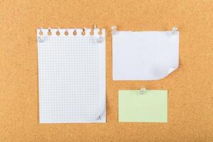 Various types of notes pinned on a corkboard for organization and reminders in an office setting photo