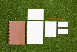 Assorted blank papers and a notebook on green grass in a sunny outdoor setting during the afternoon photo