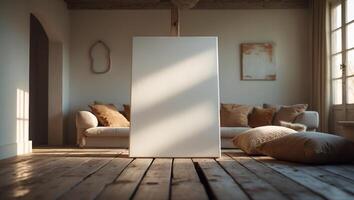 Empty canvas awaits artistic creation in a cozy interior setting with warm natural light photo