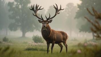 Majestic stag standing in a misty forest clearing during early morning light in a tranquil natural setting photo