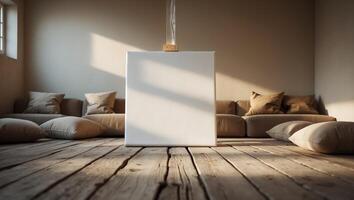 Empty canvas on wooden floor in a softly lit art studio, inviting creativity and inspiration for artists to express their vision photo
