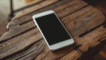 Smartphone resting on a rustic wooden table in a cozy indoor setting photo