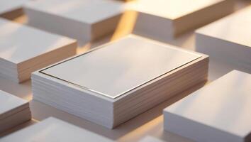 Blank business cards arranged on a table under warm light creating a minimalistic aesthetic photo
