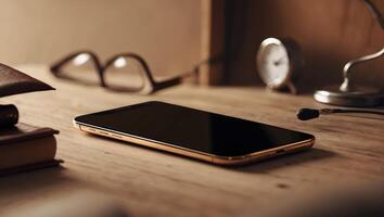 Stylish smartphone resting on a wooden desk beside eyeglasses and a clock during a cozy evening photo