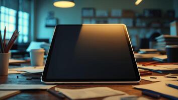 Creative workspace featuring tablet on desk surrounded by papers and stationery in a cozy evening setting photo