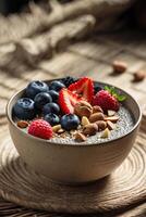 Bowl of nutritious chia seed pudding topped with fresh berries and nuts in a cozy setting photo