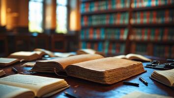 Old books and writing tools in a quiet library setting create an atmosphere of study and reflection photo