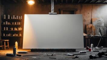 Art studio with blank canvas and scattered materials in a dimly lit space photo