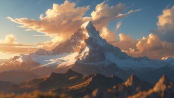 Majestic mountain range under a colorful sunset sky with clouds gently illuminated by sunlight photo