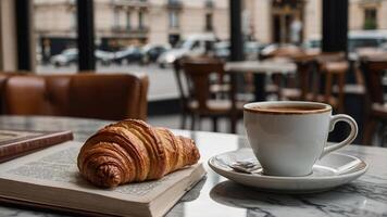 Enjoying a warm croissant and coffee at a Parisian cafe during a leisurely morning photo