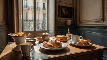 Elegant breakfast spread displaying pastries and coffee in a bright, airy French room with large windows photo