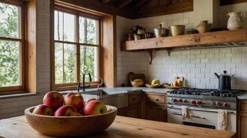 Modern rustic kitchen featuring a bowl of fresh apples under natural light from large windows photo