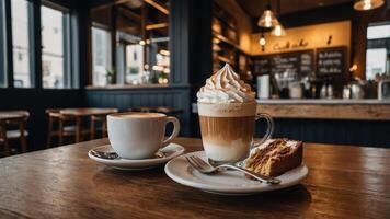 Warm beverages and a slice of cake served in a cozy cafe setting during the afternoon in a city photo