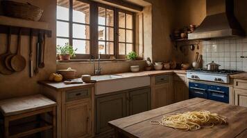 Rustic kitchen with wooden countertops, fresh pasta, and sunlit windows is perfect for cooking enthusiasts photo