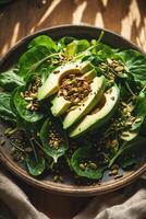 Fresh salad with avocado, spinach, and seeds showcasing vibrant colors and healthy ingredients on a rustic table photo