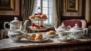 Elegant afternoon tea set with scones and pastries arranged in a historic setting photo