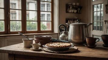 Rustic kitchen setup at midday with a freshly baked pie and traditional utensils on the wooden table photo
