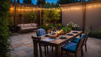 Outdoor dining setup with warm lighting in a garden during the evening photo
