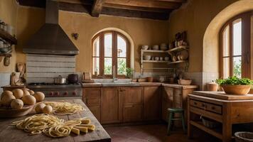 Rustic kitchen interior with fresh pasta and vegetables in a warm, inviting setting during daylight hours photo