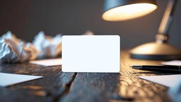 Workspace with blank card and pen on wooden table illuminated by desk lamp in a quiet setting photo