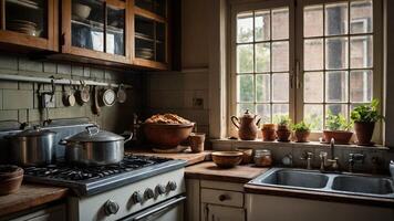Cozy kitchen filled with natural light showcasing a rustic cooking setup with baked goods and fresh herbs photo
