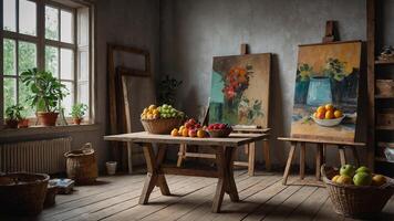 Art studio filled with fresh fruits and vibrant paintings creating an inviting atmosphere for creativity photo