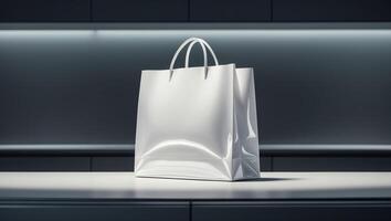 Elegant white shopping bag displayed on a sleek counter in a stylish retail environment showcasing modern design photo
