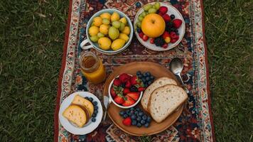 Bright and colorful picnic spread features fresh fruits, bread, and juice on patterned blanket in sunny outdoor setting photo