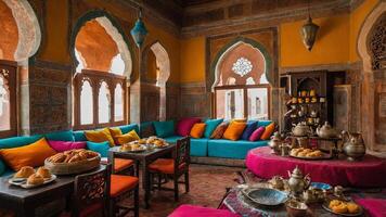 Cozy Moroccan lounge adorned with vibrant cushions and traditional decor perfect for gathering and enjoying tea photo