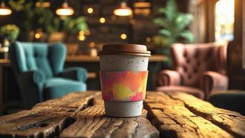 Cozy coffee shop with stylish seating and warm lighting creates an inviting atmosphere for relaxation and conversation photo