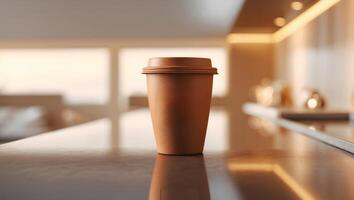 Warm coffee cup resting on a sleek kitchen counter with soft natural light streaming in from the window photo