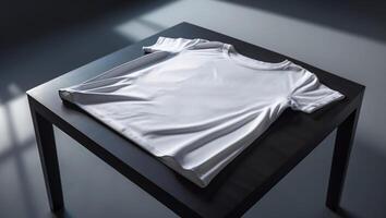 Minimalist presentation of a white t-shirt displayed on a dark table with soft light showcasing its texture and folds photo