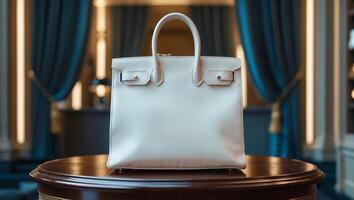 Elegant white handbag displayed on a polished wooden table in a luxury boutique setting with soft lighting in the background photo