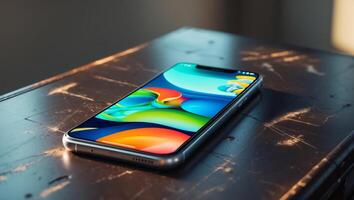 Smartphone placed on a wooden table with a vibrant screen display reflecting light in a cozy indoor setting photo
