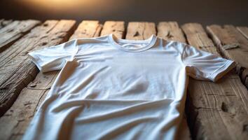White t-shirt laid flat on rustic wooden surface with warm lighting creating a cozy atmosphere photo