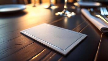 Elegant dining setting with a blank menu card on a dark wooden table during sunset photo