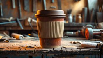 Rustic coffee cup on a workbench surrounded by tools in a creative workspace during the day photo