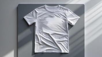 Minimalist white t-shirt displayed on a gray surface with soft sunlight and shadows creating an elegant atmosphere photo