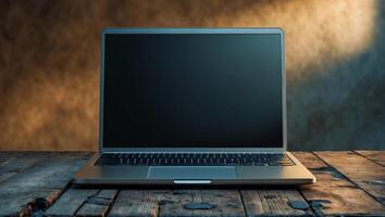 Laptop on a rustic wooden table against a soft, warm background in a cozy workspace setting photo