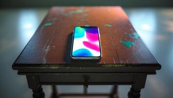 Smartphone displaying colorful abstract wallpaper on an aged wooden table in an indoor setting during daylight photo