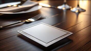 Elegant dining setup with a blank card on a wooden table in a softly lit restaurant ambiance photo