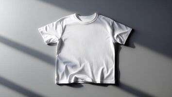 Minimalist white t-shirt displayed on a gray surface with soft shadows during afternoon light photo